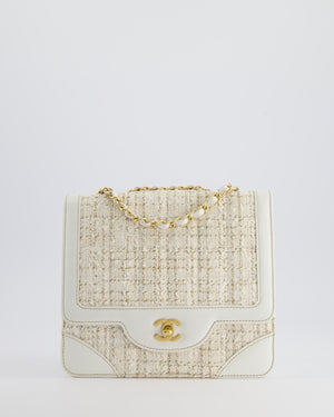 Chanel Small White Tweed and Aged Calfskin Flap Bag with Brushed Gold Hardware