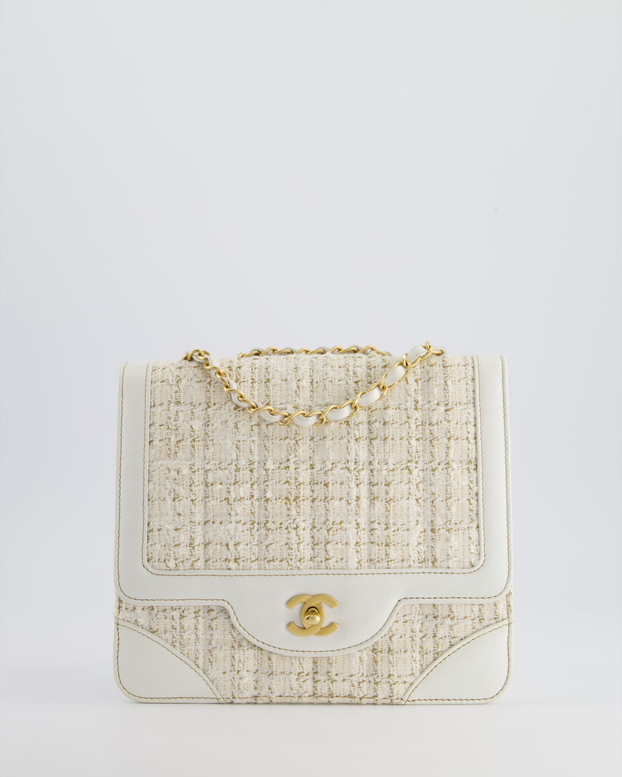 Chanel Small White Tweed and Aged Calfskin Flap Bag with Brushed Gold Hardware