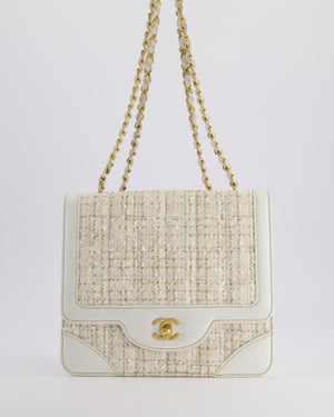 Chanel Small White Tweed and Aged Calfskin Flap Bag with Brushed Gold Hardware