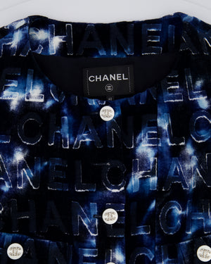 *HOT* Chanel 21C Short Sleeve Jacket in Blue Logo Velvet with White Enamel 
Crystal CC Button Detail Size FR 42 (UK 14)