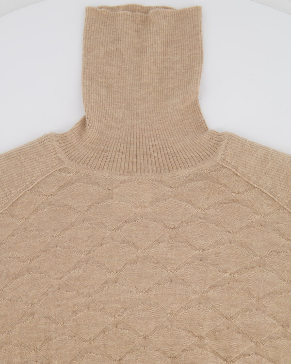 Chanel Beige Cashmere High Neck Diamond Quilted Jumper with CC Logo Detail Size FR 42 (UK 14)