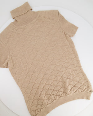 Chanel Beige Cashmere High Neck Diamond Quilted Jumper with CC Logo Detail Size FR 42 (UK 14)