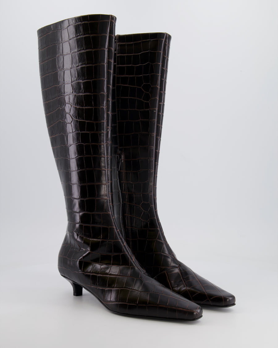 Toteme Dark Brown Croc Embossed Kitten Heel Knee High Boots Size EU 38 RRP £860