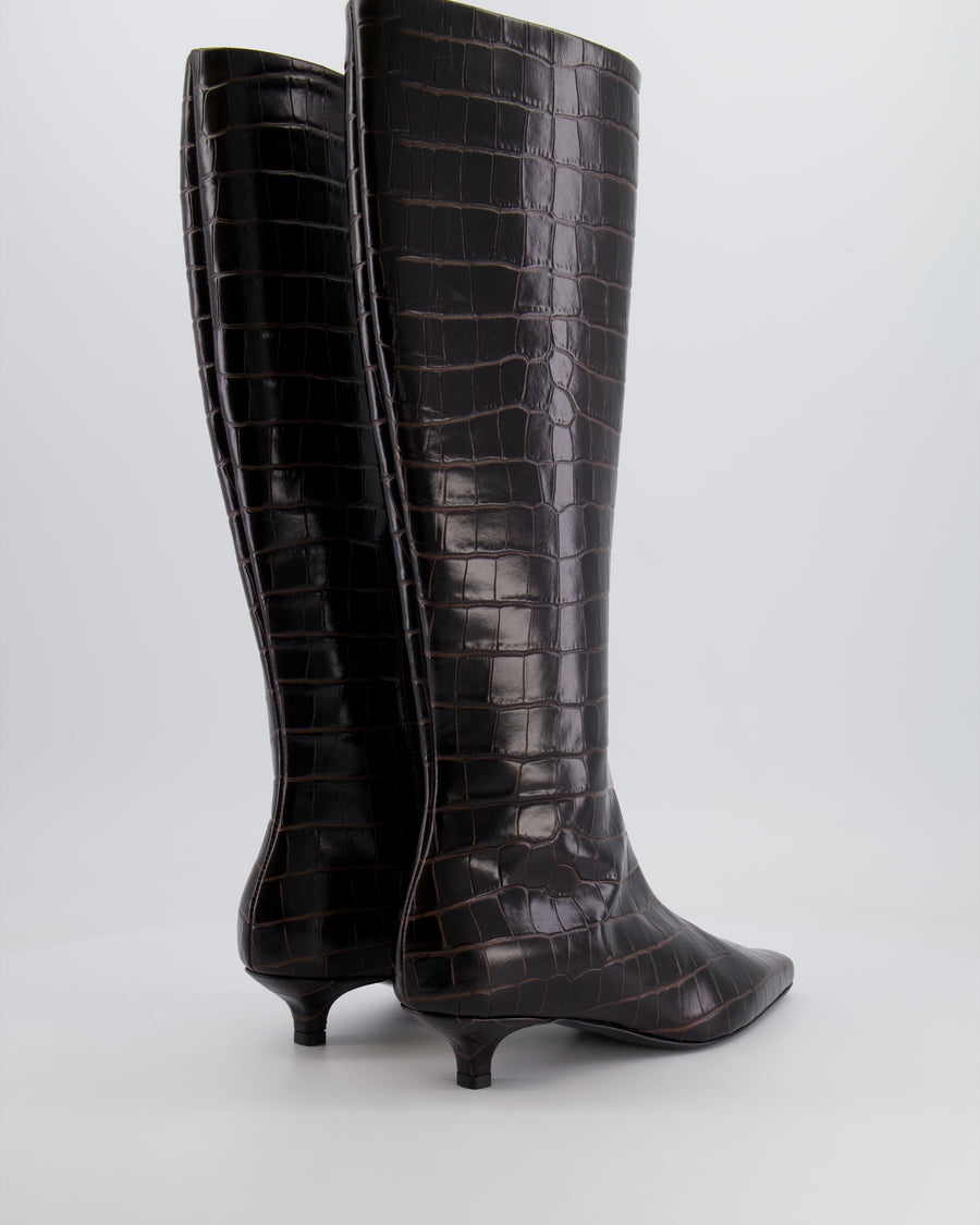 Toteme Dark Brown Croc Embossed Kitten Heel Knee High Boots Size EU 38 RRP £860