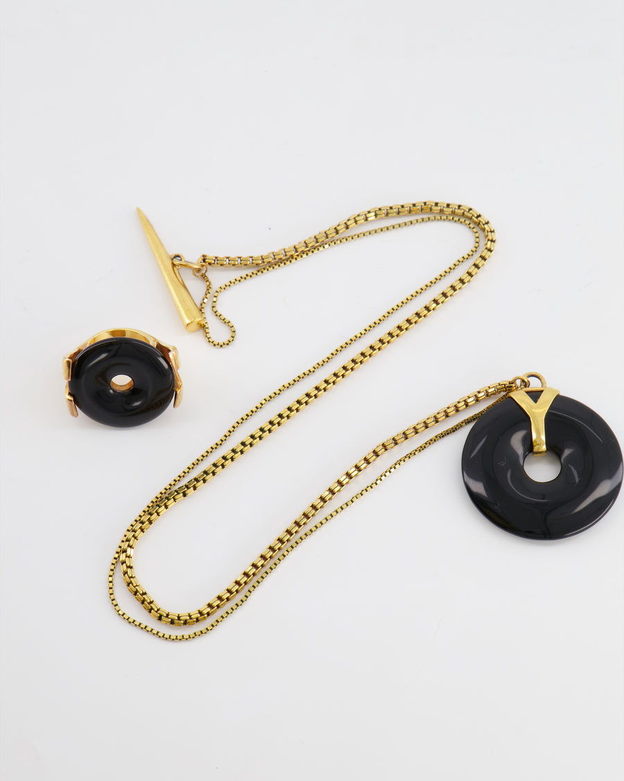 Yves Saint Laurent Vintage Black Resin and Gold Y Necklace and Ring Jewellery Set