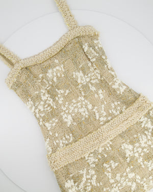 Chanel Gold, White Tweed Mini Dress with Shoulder Straps and Braided Appliqué Waist Belt Detail Size FR 36 (UK 8)