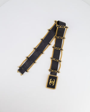 *HOT* Chanel Vintage Black Leather Belt with Gold Chain and CC Logo Size 75