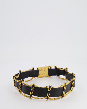 *HOT* Chanel Vintage Black Leather Belt with Gold Chain and CC Logo Size 75