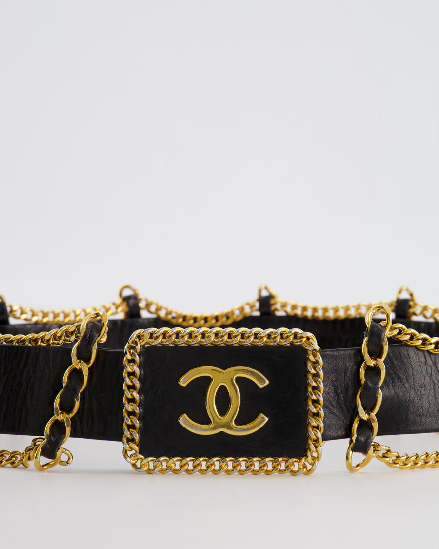 *HOT* Chanel Vintage Black Leather Belt with Gold Chain and CC Logo Size 75