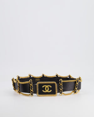 *HOT* Chanel Vintage Black Leather Belt with Gold Chain and CC Logo Size 75