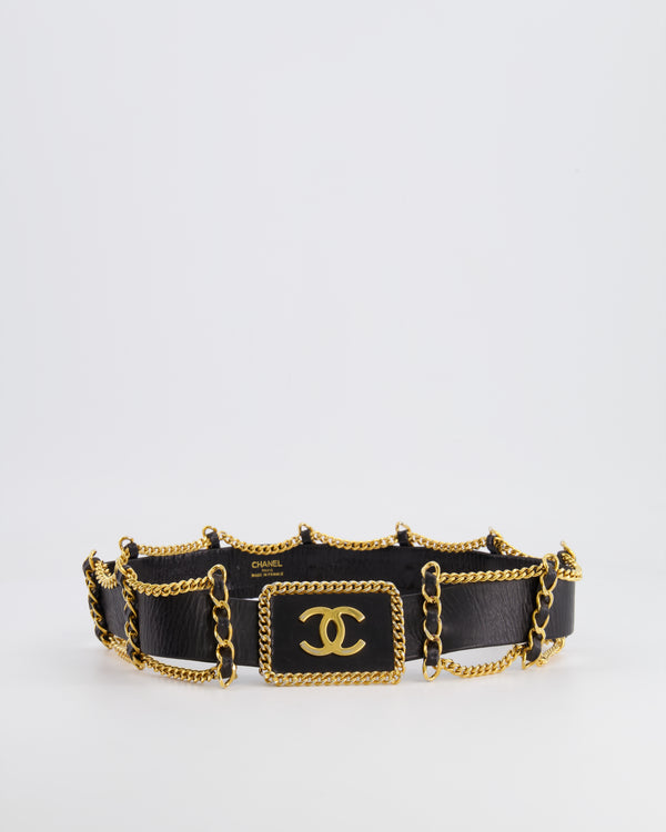 *HOT* Chanel Vintage Black Leather Belt with Gold Chain and CC Logo Size 75