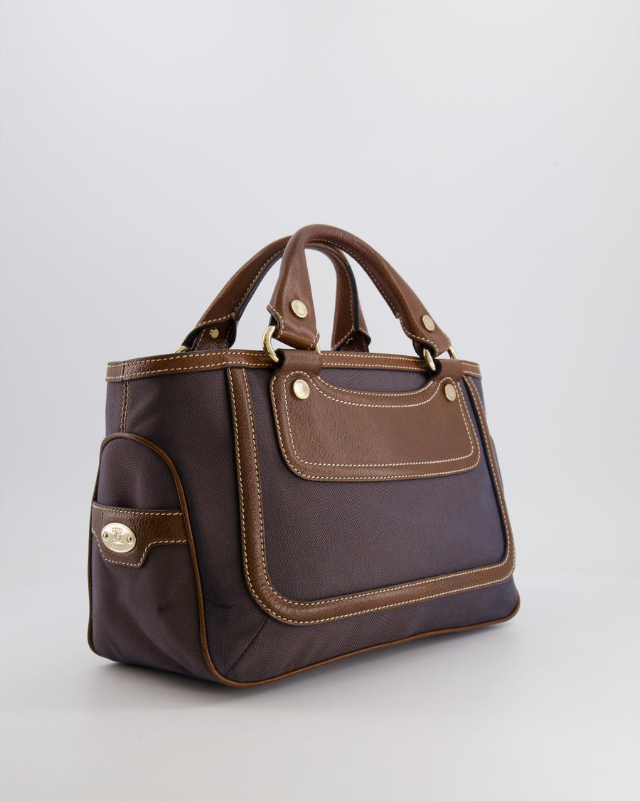 Celine Brown Boogie Canvas and Leather Bag with Silver Hardware