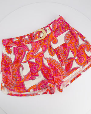 Zimmermann Pink Paisley Print High-Waist Linen Shorts With Braided Beige Belt Buckle Size 1 (UK 10)