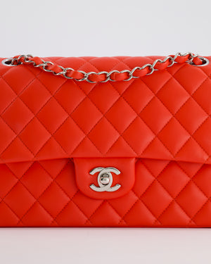 Chanel Scarlet Red Medium Classic Double Flap Bag in Lambskin Leather with Silver Hardware