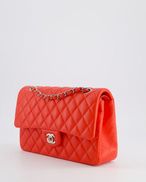 Chanel Scarlet Red Medium Classic Double Flap Bag in Lambskin Leather with Silver Hardware