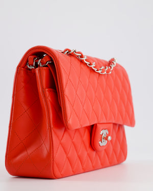 Chanel Scarlet Red Medium Classic Double Flap Bag in Lambskin Leather with Silver Hardware