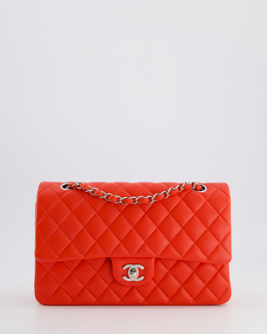 Chanel Scarlet Red Medium Classic Double Flap Bag in Lambskin Leather with Silver Hardware