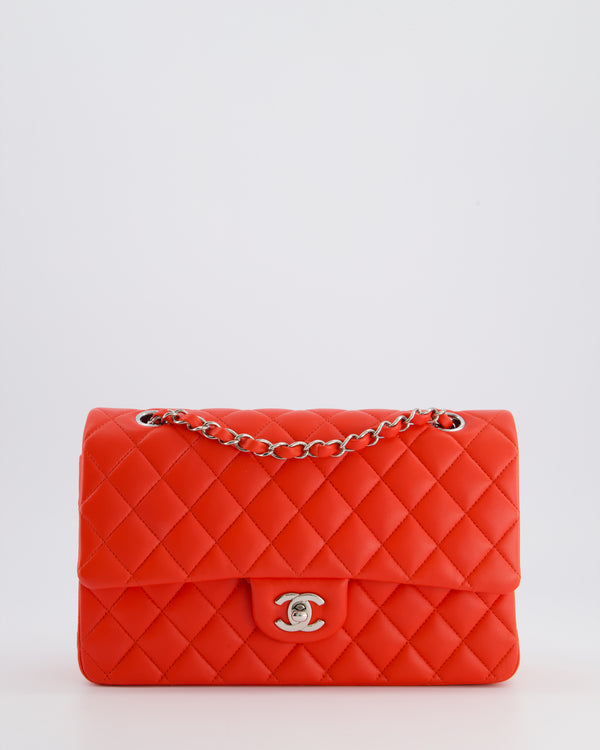 Chanel Scarlet Red Medium Classic Double Flap Bag in Lambskin Leather with Silver Hardware