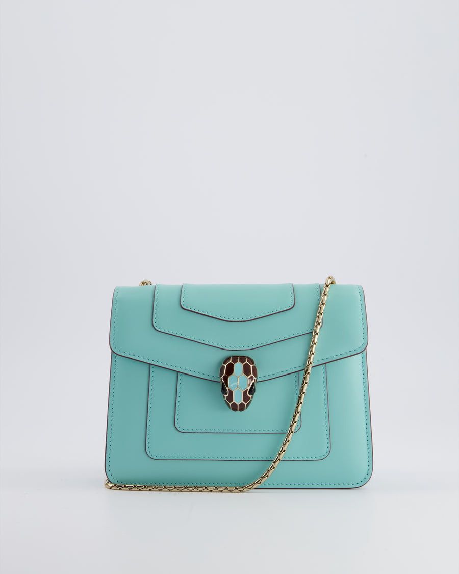 Bvlgari Aquamarine Serpenti Forever Cross-body Bag in Calfskin Leather with Champagne Gold Hardware &amp; Brown Snake Detail RRP £2,300