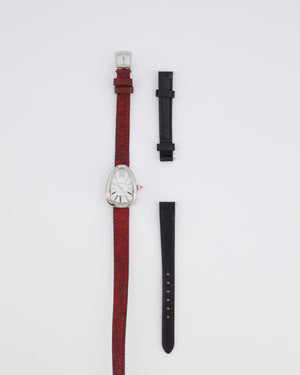 Bvlgari Stainless Steel 
Diamond Serpenti Watch 32mm with Red Python Strap