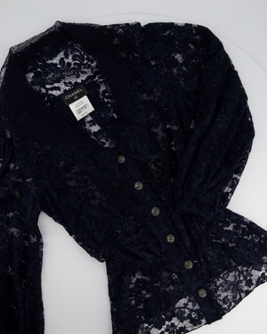 Chanel Navy Lace Long Sleeve Shirt with Ruthenium Buttons Detail Size FR 36 (UK 8)