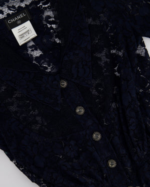 Chanel Navy Lace Long Sleeve Shirt with Ruthenium Buttons Detail Size FR 36 (UK 8)