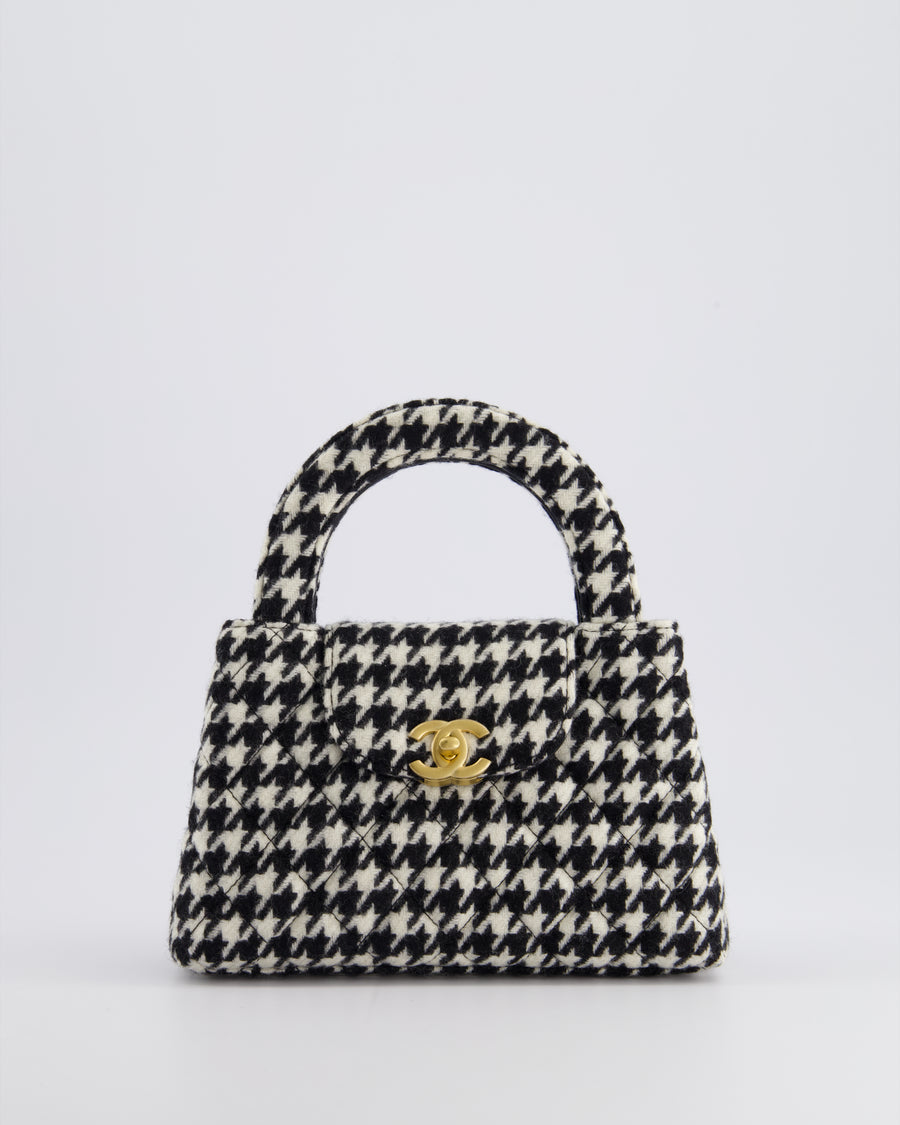 *HOT* Chanel Small Kelly Shopping Bag in Black 
White Wool Houndstooth with Brushed Antique Gold Hardware