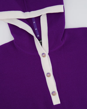 Chanel Cruise 2024 Purple Cashmere Short Sleeve Hooded Mini Dress with Crystal Multicolour CC Buttons Detail Size FR 36 (UK 8)