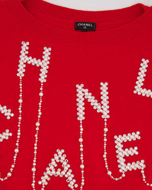 *HOT* Chanel Red Cashmere Jumper with Pearl Crystal Embellished Logo Size FR 40 (UK 12)