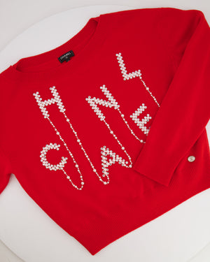 *HOT* Chanel Red Cashmere Jumper with Pearl Crystal Embellished Logo Size FR 40 (UK 12)