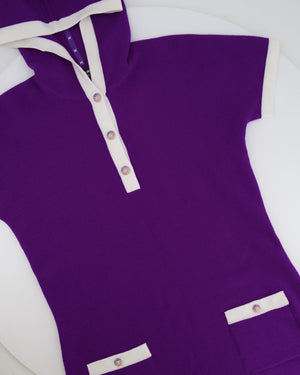 Chanel Cruise 2024 Purple Cashmere Short Sleeve Hooded Mini Dress with Crystal Multicolour CC Buttons Detail Size FR 36 (UK 8)