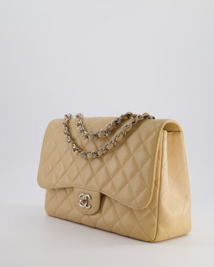 Chanel Beige Jumbo Classic Single Flap Bag in Caviar Leather with Silver Hardware