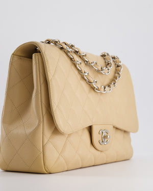 Chanel Beige Jumbo Classic Single Flap Bag in Caviar Leather with Silver Hardware