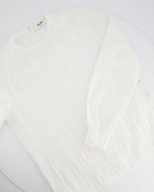 Celine White Long-Sleeve Sheer Blouse with Triomphe Logo Detail Size FR 36 (UK 8)