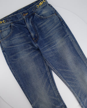 Celine Blue High-Waisted Flared Jeans with Gold Triomphe Waistband Detail Size 26 (UK 8)