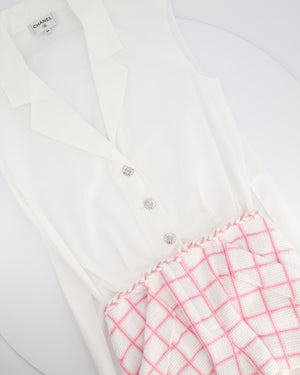 *HOT* Chanel Resort 2023 White Shirt Playsuit with Checked Pink Detachable Shorts 
Long Train Detail Size FR 34 (UK 6)