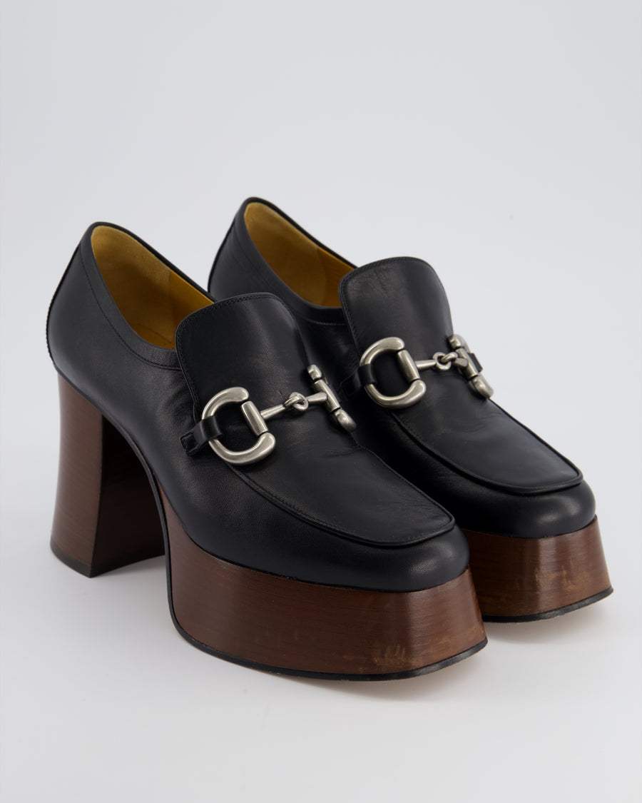 Gucci Black Horsebit Leather Platform Loafers Size EU 37.5