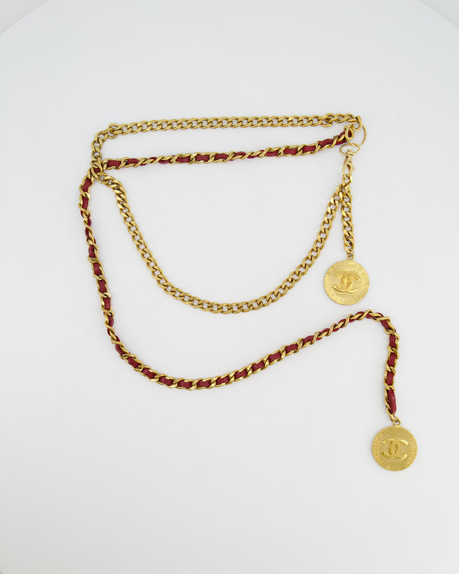 Chanel Vintage Burgundy Leather Belt with Gold Chain and CC Medallion Gold Details