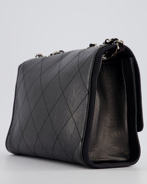 Chanel Black Matelasse Crumpled Calfskin Leather Flap Bag With Silver Hardware and Grosgrain Fabric Detailing