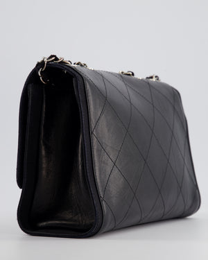 Chanel Black Matelasse Crumpled Calfskin Leather Flap Bag With Silver Hardware and Grosgrain Fabric Detailing