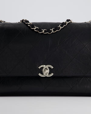 Chanel Black Matelasse Crumpled Calfskin Leather Flap Bag With Silver Hardware and Grosgrain Fabric Detailing