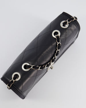 Chanel Black Matelasse Crumpled Calfskin Leather Flap Bag With Silver Hardware and Grosgrain Fabric Detailing