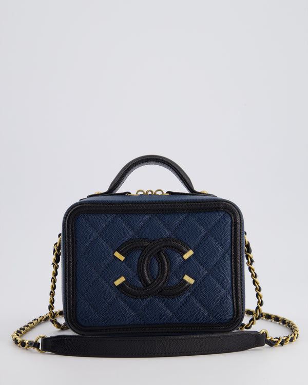 Chanel Navy and Black Small CC Vanity Case Bag in Caviar Leather with Brushed Gold Hardware