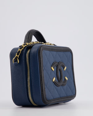 Chanel Navy and Black Small CC Vanity Case Bag in Caviar Leather with Brushed Gold Hardware