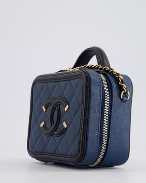 Chanel Navy and Black Small CC Vanity Case Bag in Caviar Leather with Brushed Gold Hardware