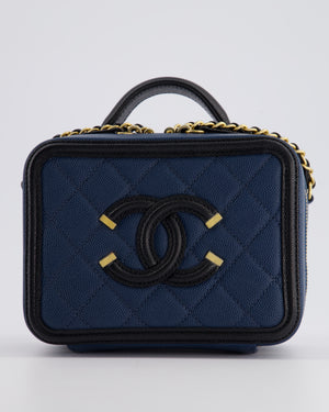 Chanel Navy and Black Small CC Vanity Case Bag in Caviar Leather with Brushed Gold Hardware