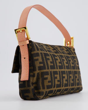 *COLLECTOR
S* Fendi Brown Zucca Monogram Vintage Baguette Bag in Fabric with Pink Leather Strap &amp; Gold Hardware