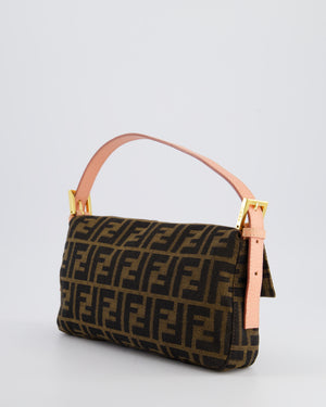 *COLLECTOR
S* Fendi Brown Zucca Monogram Vintage Baguette Bag in Fabric with Pink Leather Strap &amp; Gold Hardware