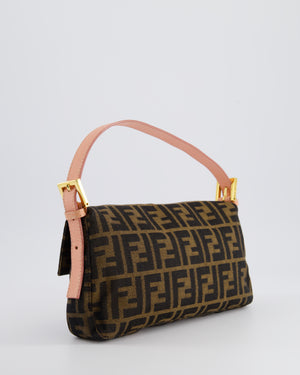 *COLLECTOR
S* Fendi Brown Zucca Monogram Vintage Baguette Bag in Fabric with Pink Leather Strap &amp; Gold Hardware