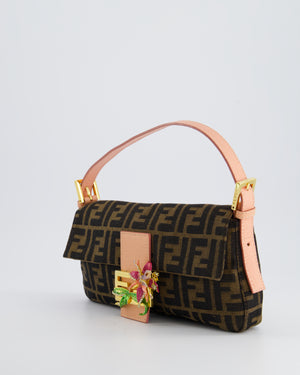 *COLLECTOR
S* Fendi Brown Zucca Monogram Vintage Baguette Bag in Fabric with Pink Leather Strap &amp; Gold Hardware